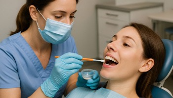 Woman in dental chair opening mouth so fluoride can be applied to teeth