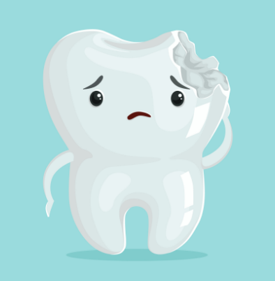 Sad cartoon tooth with a chip